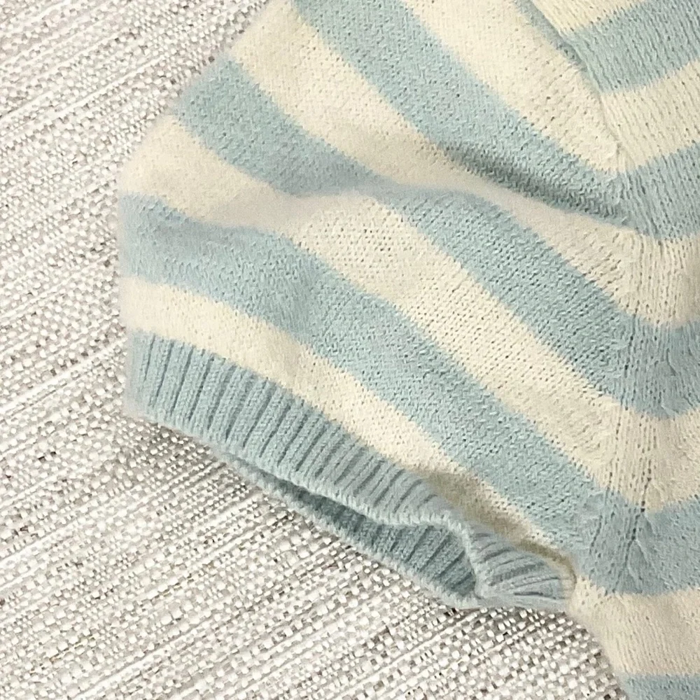 Angel Dear light blue and white striped knit baby romper Size 6M